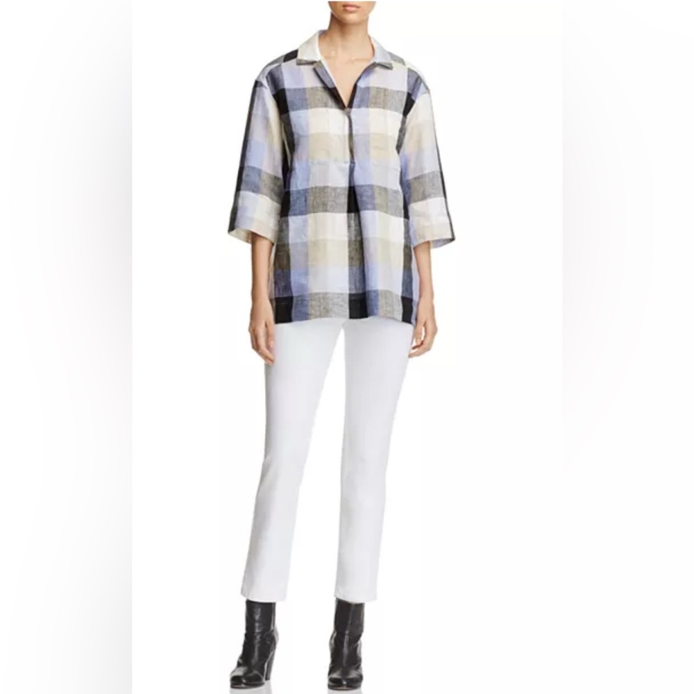 Lafayette 148 Yohanna 100% Linen Shirt Women’s‎ M Plaid Popover Top w/ Pockets